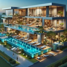 an artist's rendering of a modern mansion with pool and lounges at night