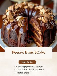 a chocolate bundt cake on a plate with the words reese's bundt cake ingredients