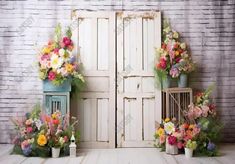 Spring White Wooden Door Floral Photography Backdrop - Gatsby Backdrop White Wooden Doors, Garden Photoshoot, Door Backdrops, Photo Booth Background, Pregnant Wedding, Spring Photos, Studio Props, Birthday Cake Smash, Floral Photography