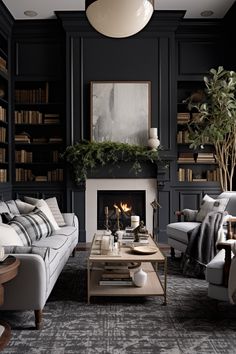 a living room with two couches and a coffee table in front of a fireplace