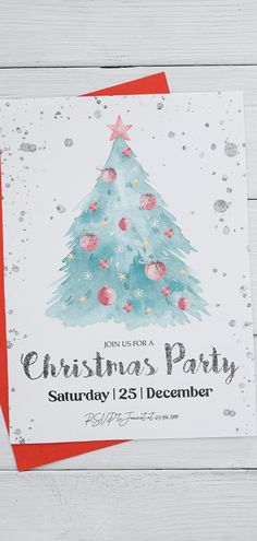 a christmas party card with a watercolor tree on it