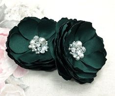 "Green Hair Clip - Hunter Sage Emerald Olive Lime Jade for a Bride, Bridesmaid, Flower Girl, Special Occasion, Pick Your Color Kia Collection Listing is for one (1) flower in your choice of color from drop down menu. Handmade flowers are made of satin fabrics. Flowers measure about 2-3/4\" - 2-7/8\" each. Flowers are finished with hand sewn Swarovski sew on crystal and pearls with some silver tone beads. A gentle reminder, please order quantity 2 if ordering option 'shoe clip'. Flowers can be ma Wedding Barrettes, Bridesmaid Flower, Satin Flowers, Shoe Clips, Flower Hair Clips, Green Satin, Felt Fabric, Flower Hair, Green Hair