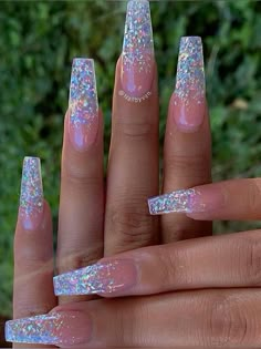 Clear Glitter Nails, Acrylic Nails Ideas, Coffin Acrylic Nails, Halloween Nails Diy, Clear Acrylic Nails, Long Acrylic Nail Designs, Nails Design With Rhinestones, Acrylic Nails Coffin Short, Summer Acrylic Nails