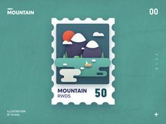 a postage stamp with the image of mountains and trees on it's front cover