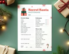 the secret santa questionnaire is surrounded by presents and christmas decorations on a green background