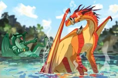 two different colored dragon standing in water next to each other