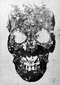 a black and white drawing of a skull with flowers on its head