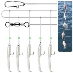 six fishing hooks hanging from the side of a boat with fish on it and two lures attached to each hook