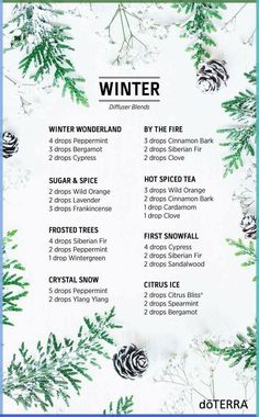 Today is the first day of winter for the Northern Hemisphere! Become enchanted with these whimsical winter blends. Create an indoor winter wonderland, cozy up by the fire, and enjoy the pleasant aromas of doTERRA essential oils. Lilin Aroma, Doterra Diffuser Blends, Essential Oil Combinations, Soya Mumu, Magia Das Ervas, Essential Oil Diffuser Blends Recipes, Essential Oils Guide, Essential Oil Diffuser Recipes, Oil Diffuser Recipes