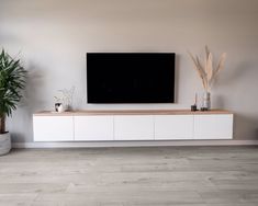 a flat screen tv sitting on top of a wooden shelf next to a potted plant