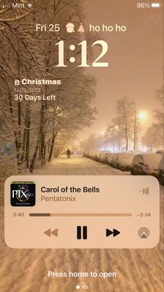 an iphone screen showing the time and location of carol of the bells on christmas day