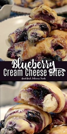 blueberry cream cheese bites stacked on top of each other with the title above it