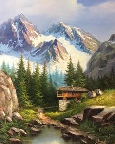 a painting of a mountain scene with a cabin in the foreground and a stream running through it