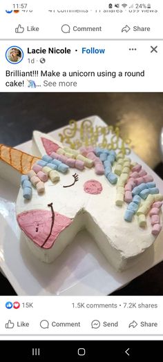 a unicorn cake is on a plate with the caption'i like comment '