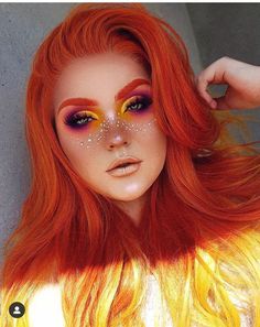 Elemental Makeup, Elements Makeup, Orange Lace Front Wig, Phoenix Makeup, Fox Makeup, Fantasy Make-up, Halloween Make-up Looks, Makeup Challenges