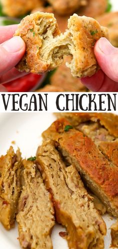 An image of a vegan chicken nugget being pulled apart and another of a vegan chicken cutlet cut into strips. How To Make Vegan Chicken, Vegetarian Chicken Substitute, Vegan Chicken Seitan, Vegan Roasted Chicken, Vegan Meat Substitute Recipes, Mock Meat Recipes, Vegan Beyond Meat Recipes, Chicken Seitan Recipes, Best Seitan Recipes