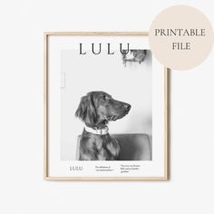 a black and white photo of a dog in a frame with the words lulu on it