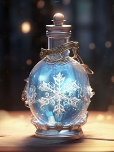 a glass bottle with a snowflake design on it