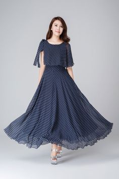 Blue Chiffon Dresses, Plain Maxi Dress, Blue Polka Dot Dress, Gaun Fashion, Stylish Party, Dress Chiffon, Dress Simple, High Waist Dress, فستان سهرة