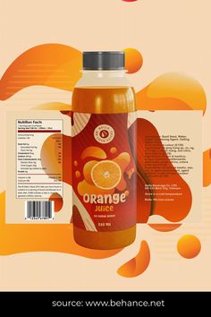 a bottle of orange juice is shown on an abstract background with the label below it