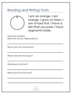 the worksheet for reading and writing fruits, which includes an orange on it