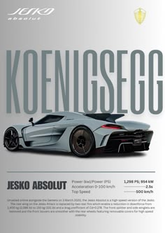 an advertisement for the koenigsegg race car, which has been designed to look