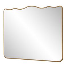 a gold framed mirror with scalloped edges on a white background, it is isolated from the front