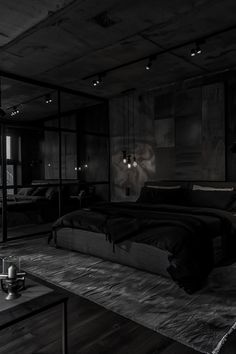 Dream Room Black Aesthetic, Dark Penthouse Bedroom, Luxury Dark Apartment, Black Luxury House Bedroom, Dream House Dark Aesthetic, Dark Luxury Apartment Aesthetic, Luxury Rooms Bedroom Black, Dark Home Aesthetic Modern, Grey And Black Bedroom Aesthetic