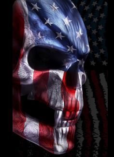 a skull with an american flag painted on it's face in front of a black background