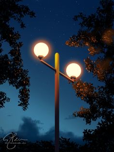 two street lights are lit up in the night sky