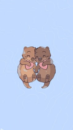 two teddy bears sitting next to each other on a blue background with white swirls