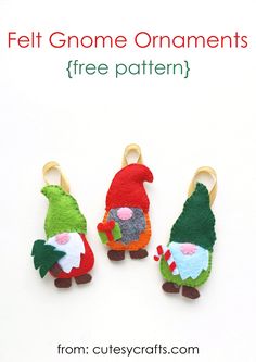 three felt gnome ornaments with text overlay that says felt gnome ornaments free pattern