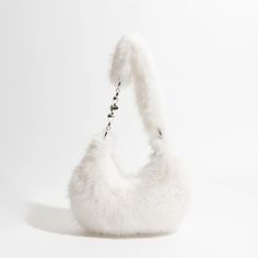 Chic Fuzzy Faux Fur Half Moon Shoulder Bag | Wnkrs Moon Shoulder Bag, Faux Fur Material, Pretty Bags, Strap Design, Crossbody Purse, Half Moon, White Bag, Synthetic Leather, Modern Woman