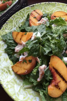 a salad with peaches and lettuce in it on a plate that says healthy fall salad recipes