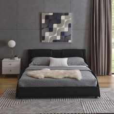 a modern bedroom with grey walls and white rugs