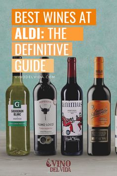 five bottles of wine with the words best wines at aldi - the defensive guide