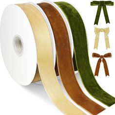 three rolls of satin ribbon with bows on each side