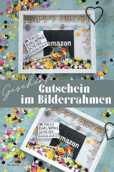 two pictures with confetti on them and the words happy birthday written in german