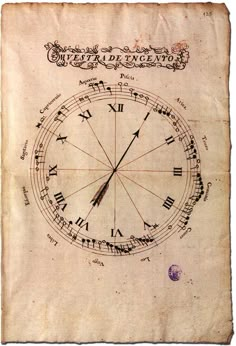 an old paper with a clock on it's side and music notes in the middle