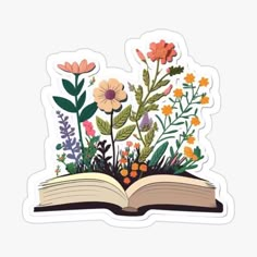 an open book with flowers and leaves on it sticker for laptops or phone