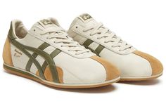 Onitsuka Tiger Runspark Running Shoes White/Green/Gold 1183B480-200 Brown Shoes Men, Vans Top, Mens Fashion Casual Outfits, Onitsuka Tiger, Casual Heels, Oui Oui, Round Toe Heels, Dress For Success, Pretty Shoes