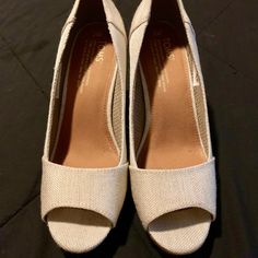 Toms Ivory Peep Toe Wedges. Size 7 Mint Condition Worn Once. Cork Heel Great Toms Shoes. New Without Tags Retail Over $80. Beige Open Toe Fabric Heels, Beige Fabric Open Toe Heels, White Fabric Open Toe Heels, Chic Beige Fabric Heels, Toms Wedges, Cork Heels, Lace Up Wedges, High Heel Wedges, Peep Toe Sandals