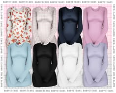 six women's long sleeved bodysuits are shown in different colors and sizes