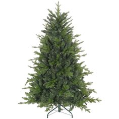 a green christmas tree on a stand against a white background