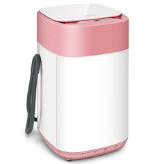 a pink and white portable air purigerator on a white background with a black handle