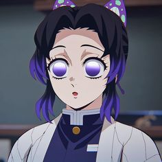 an anime character with purple hair and big eyes looks at the camera while wearing cat ears