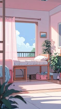 an anime bedroom with pink walls and furniture