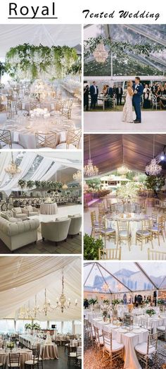 the inside of a tent with tables, chairs and chandeliers for an outdoor wedding