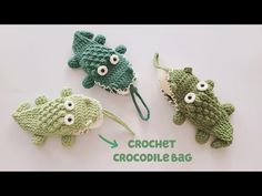 three crocheted fish bags with eyes on them and the words crochet crocodile bag below