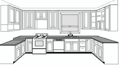 a line drawing of a kitchen with white cabinets and black counter tops, along with an island in the middle